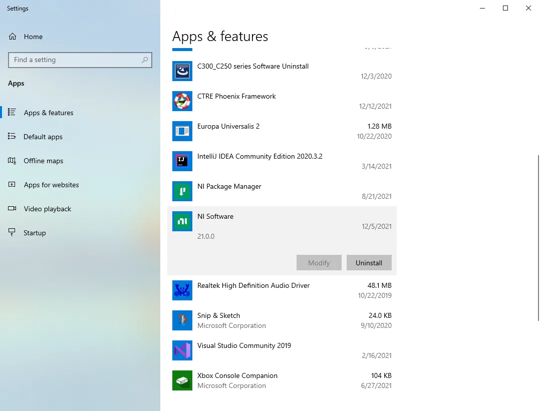 Uninstall NI Software